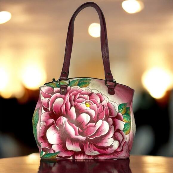 Anna By Anuschka “Precious Peony”Hand Painted Leather Large Shoulder Bag 13”x11” - Picture 1 of 11